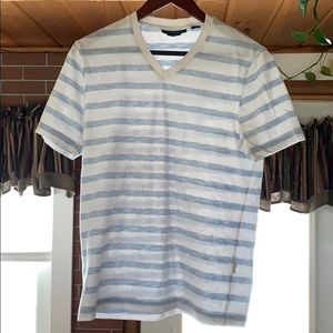 White and blue stripe v neck tee